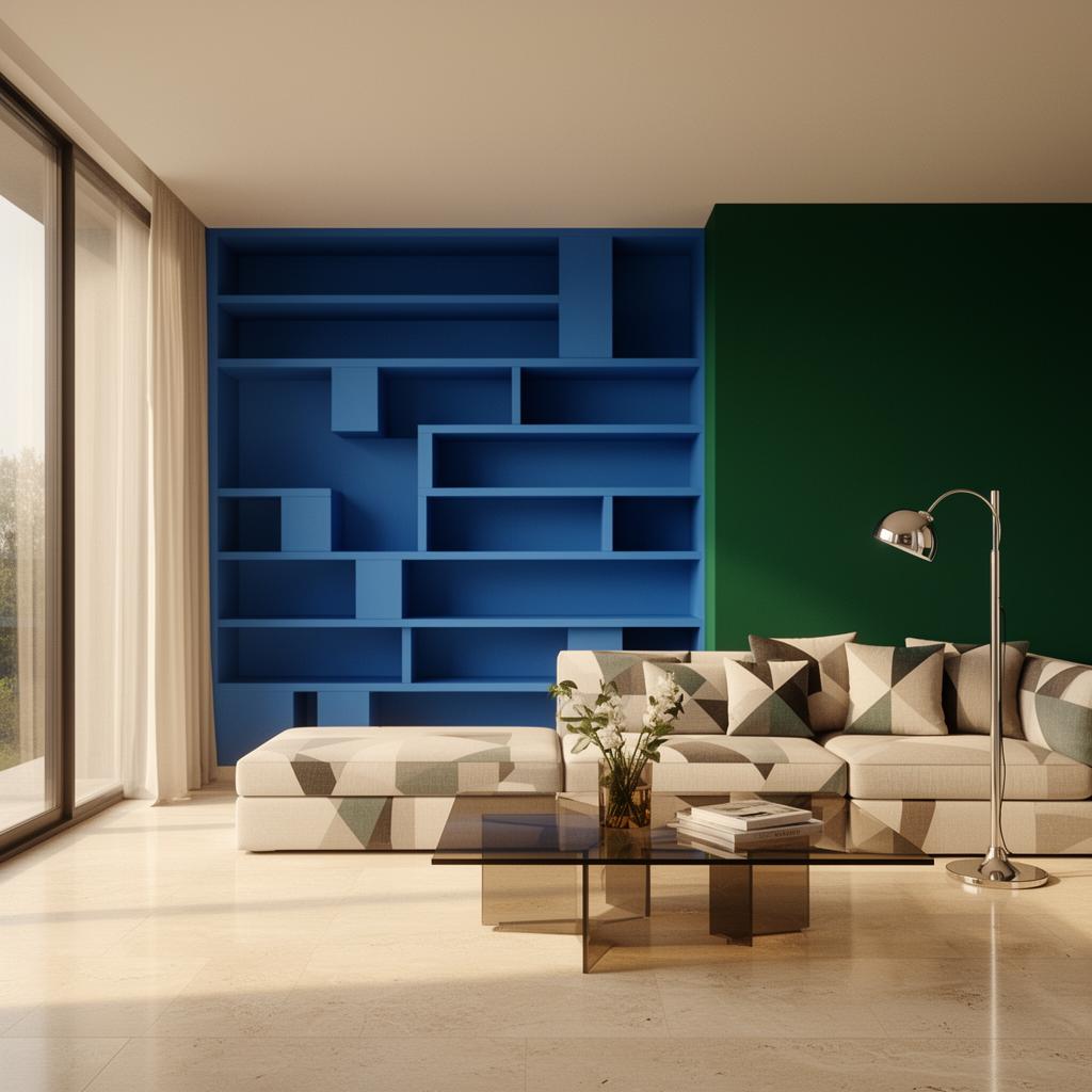 Salon bleu Klein, pierre apparente, tomettes